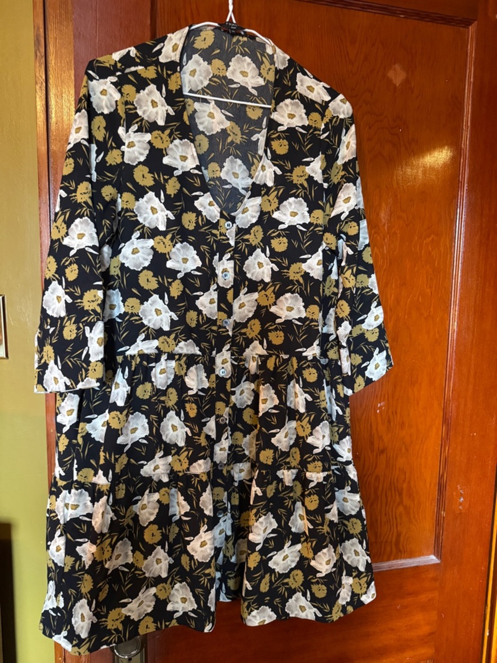 FRNCH Black Dress with White and Mustard Floral Print